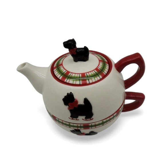 KATE WILLIAMS Teapot and Cup Set Scottie Dog Plaid Ceramic Global Design - Picture 2 of 12